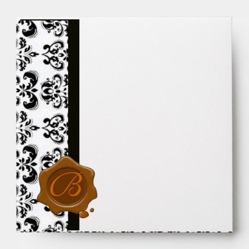 RED BLACK WHITE DAMASK  BROWN WAX SEAL MONOGRAM ENVELOPE