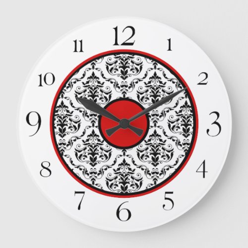 Red Black  White Damask Elegant 1075 Clock