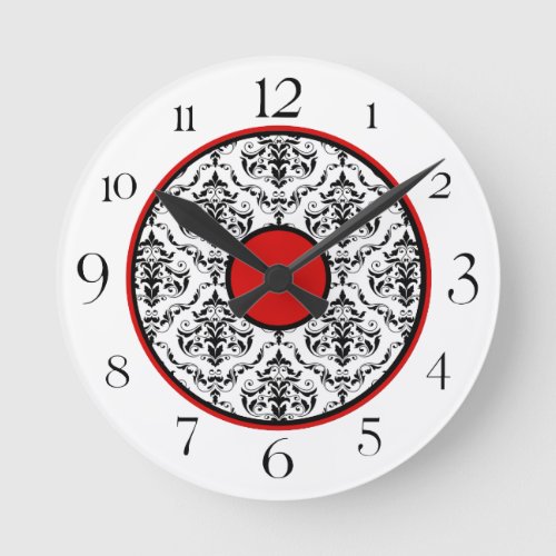 Red Black  White Damask Elegant Round Clock