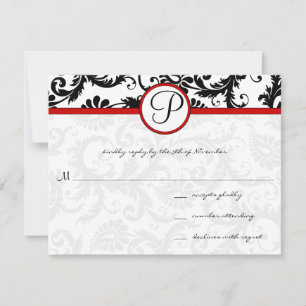 Red Black White Damask Floral Swirl RSVP Cards