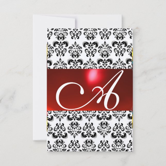 RED BLACK WHITE DAMASK GEM MONOGRAM rsvp silver (Front)