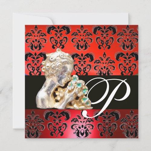 RED BLACK WHITE DAMASK JEWEL MONOGRAM INVITATION