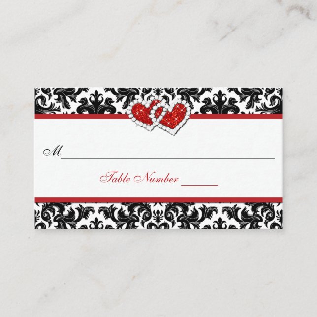 Red Black White Damask Joined Hearts Place Card (Front)