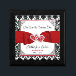 Red, Black, White Damask Love Hearts Wedding Gift Box<br><div class="desc">This personalized and romantic jewelry box has a black and white damask pattern outer border with a red ribbon and bow image with joined hearts images across the width of the trinket box. Above the ribbon, the words, "Two Hearts Became One" are printed in black script with the names of...</div>