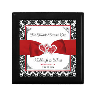 Red, Black, White Damask Love Hearts Wedding Gift Box
