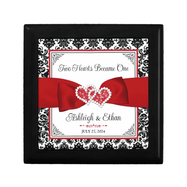 Red, Black, White Damask Love Hearts Wedding Gift Box (Front)