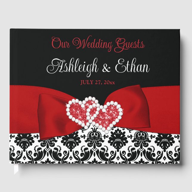 Red, Black, White Damask Love Hearts Wedding Guest Book (Front)