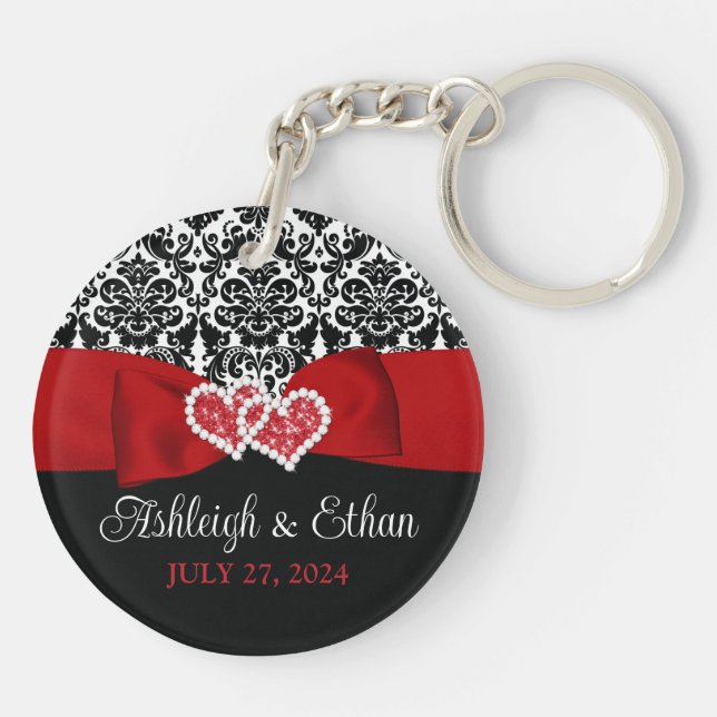 Red, Black, White Damask Love Hearts Wedding Keychain (Back)