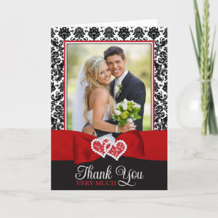 Red, Black, White Damask Love Hearts Wedding Letterpress Thank You Card