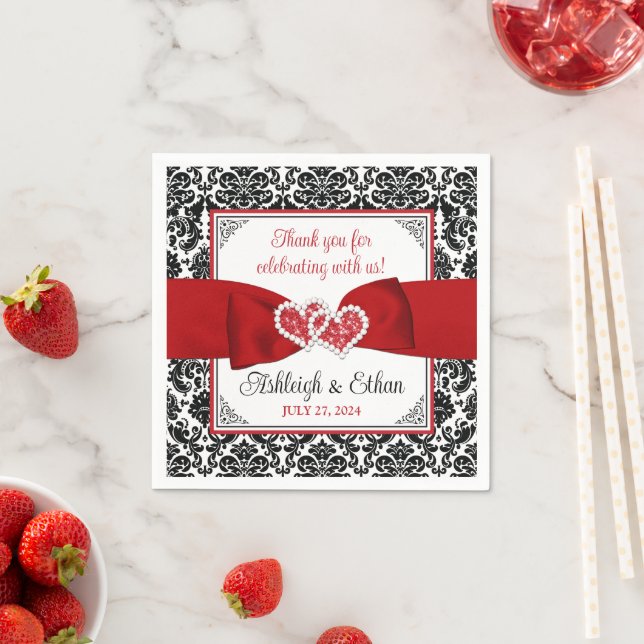 Red, Black, White Damask Love Hearts Wedding Napkins (Insitu)