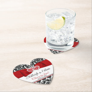 Red, Black, White Damask Love Hearts Wedding Paper Coaster