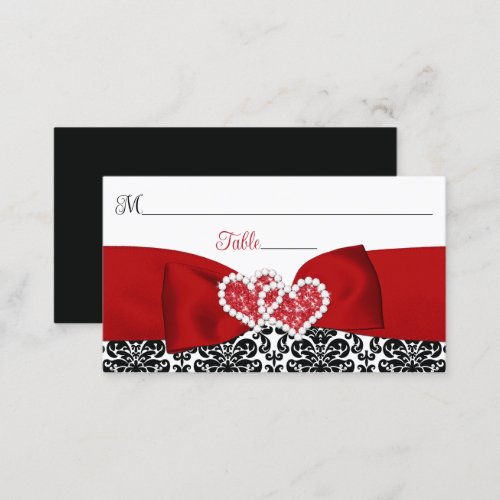 Red Black White Damask Love Hearts Wedding Place Card