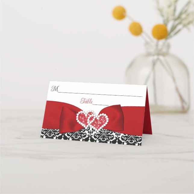 Red, Black, White Damask Love Hearts Wedding Place Card (Front)