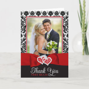 Red, Black, White Damask Love Hearts Wedding Thank You Card