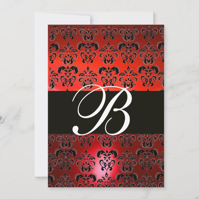 RED BLACK WHITE  DAMASK MONOGRAM RSVP INVITATION (Front)
