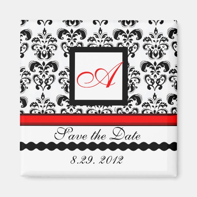 RED BLACK WHITE DAMASK MONOGRAM,Save The Date Magnet (Front)
