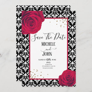 Red Black & White damask save the date Invitation