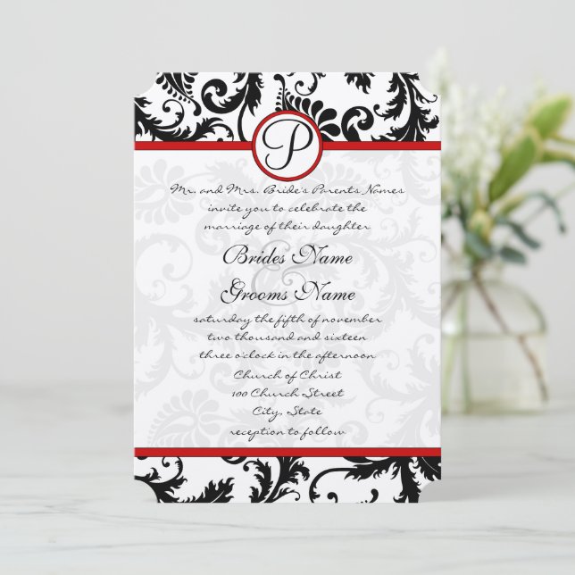 Red Black White Damask Swirl RSVP Cards (Standing Front)