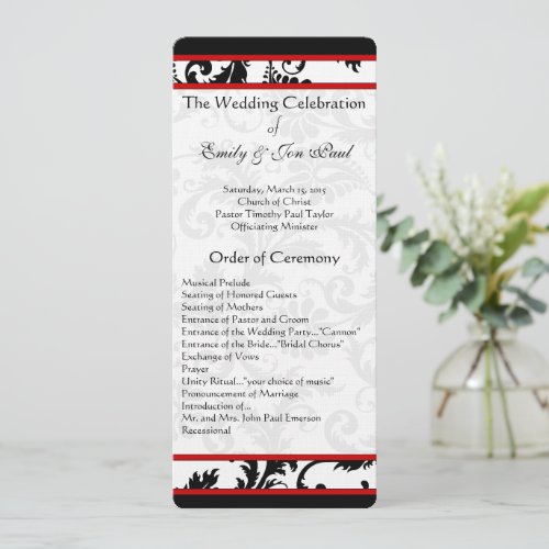 Red Black White Damask Swirl Wedding Program