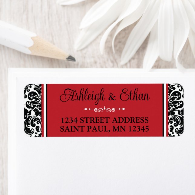 Red, Black White Damask Wedding Address Label (Insitu)