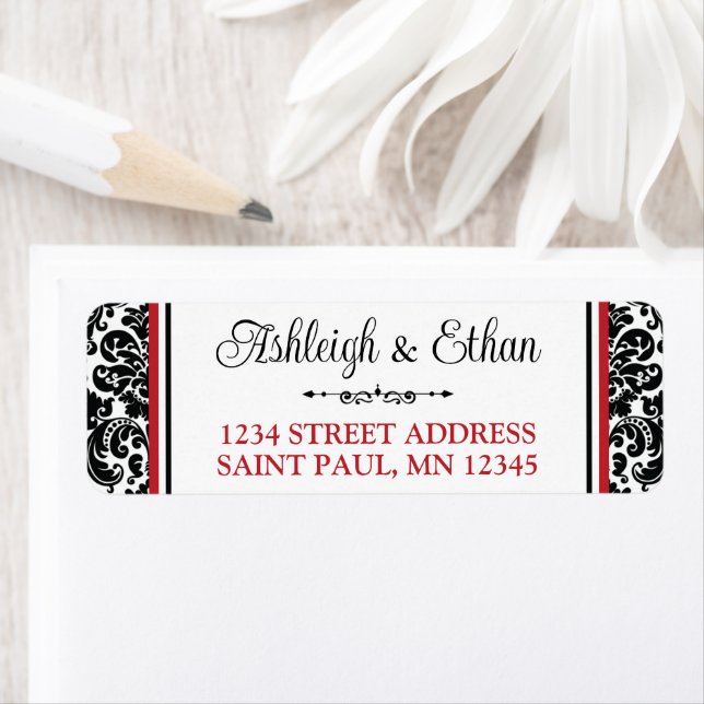 Red, Black White Damask Wedding Address Label (Insitu)