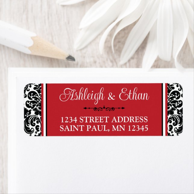 Red, Black White Damask Wedding Address Label (Insitu)