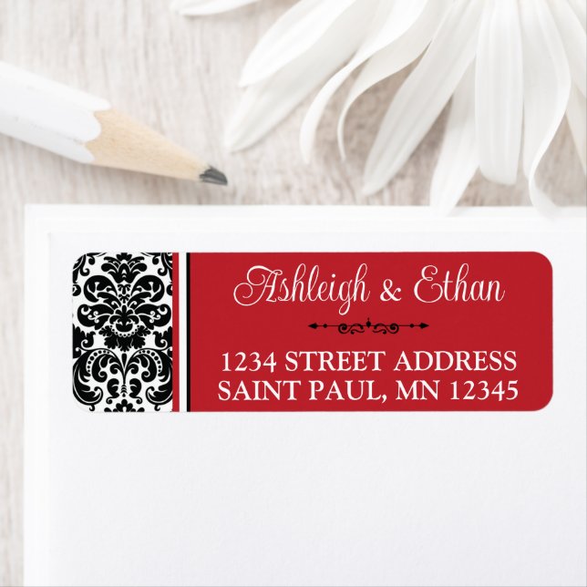 Red, Black White Damask Wedding Address Label (Insitu)