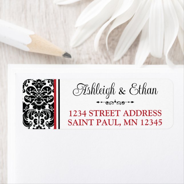 Red, Black White Damask Wedding Address Label (Insitu)