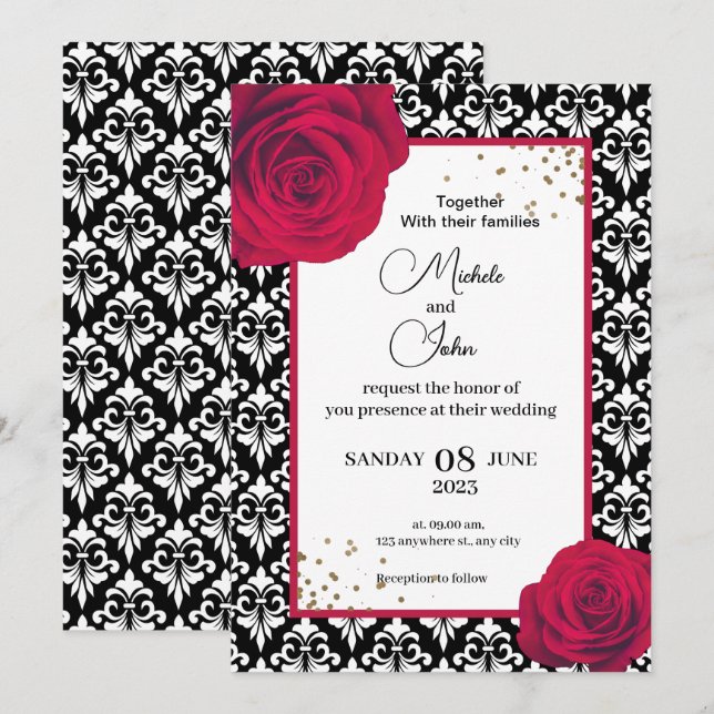 Red Black & White damask wedding invitation (Front/Back)