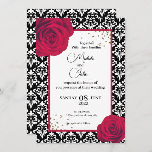 Red Black & White damask wedding invitation