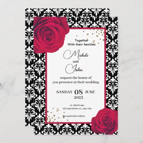 Red Black  White damask wedding invitation