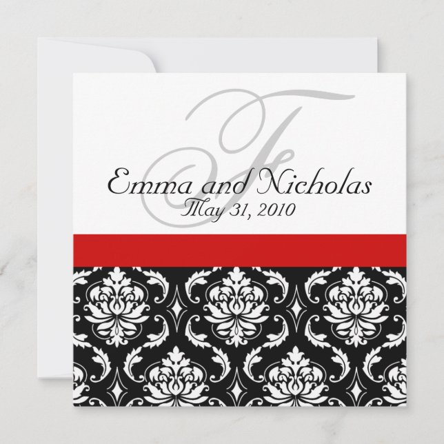 Red Black White Damask Wedding Invitation (Front)