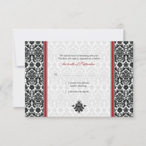 Red, Black, White Damask Wedding Reply Card Invite