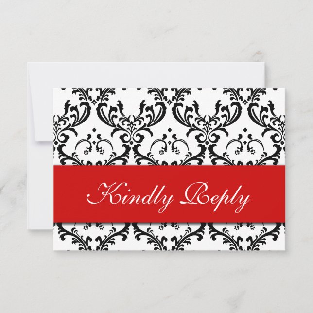 Red Black White Damask Wedding RSVP (Front)
