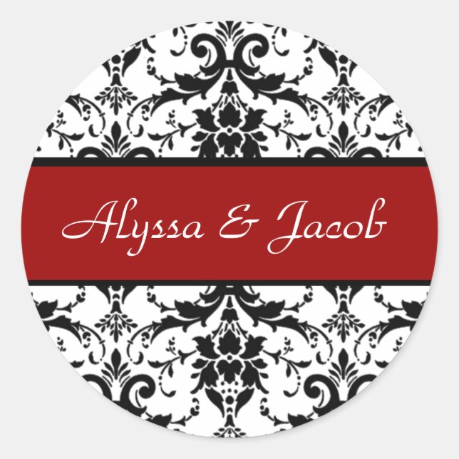 Red Black White Damask Wedding Wedding V4 Classic Round Sticker (Front)