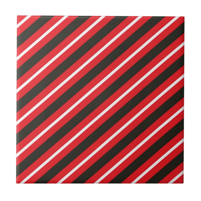 Red Black White Diagonal Lines Geometric Stripes Ceramic Tile (Front)