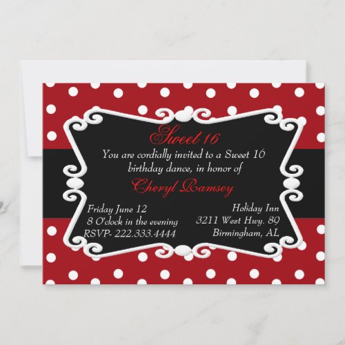 Red Black  White Dots Sweet 16 Party Invitation