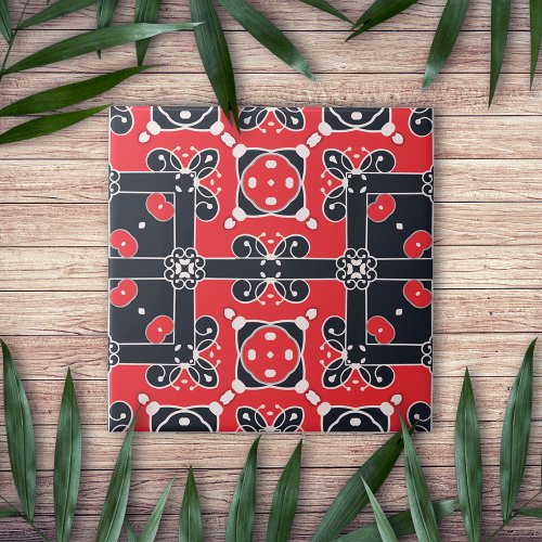 Red Black White Elegant Classy Modern Folk Ethnic Ceramic Tile