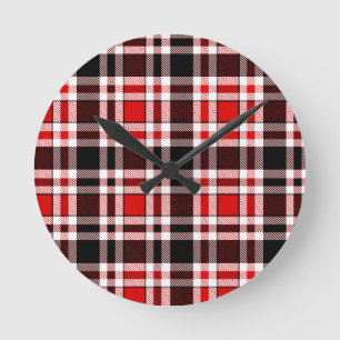 Red Black White Flannel Tartan Pattern Design  Round Clock