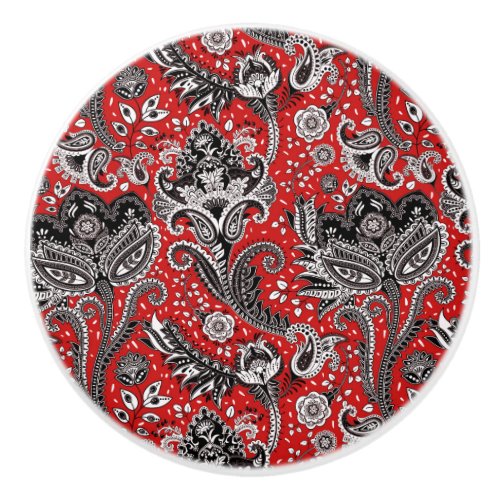 Red Black  White Floral Paisley Bohemian Boho Ceramic Knob