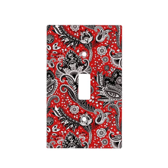 Red Black & White Floral Paisley Bohemian Boho Light Switch Cover (Front)