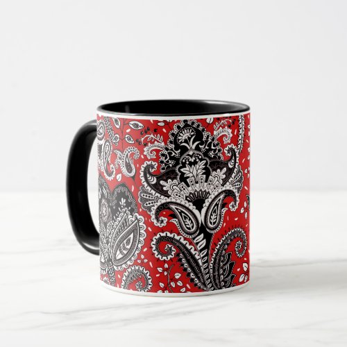 Red Black  White Floral Paisley Bohemian Boho Mug