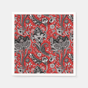 Red Black & White Floral Paisley Bohemian Boho Napkins