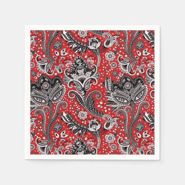 Red Black & White Floral Paisley Bohemian Boho Napkins (Front)