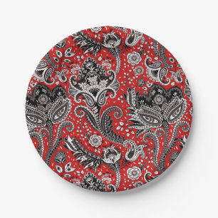Red Black & White Floral Paisley Bohemian Boho Paper Plates