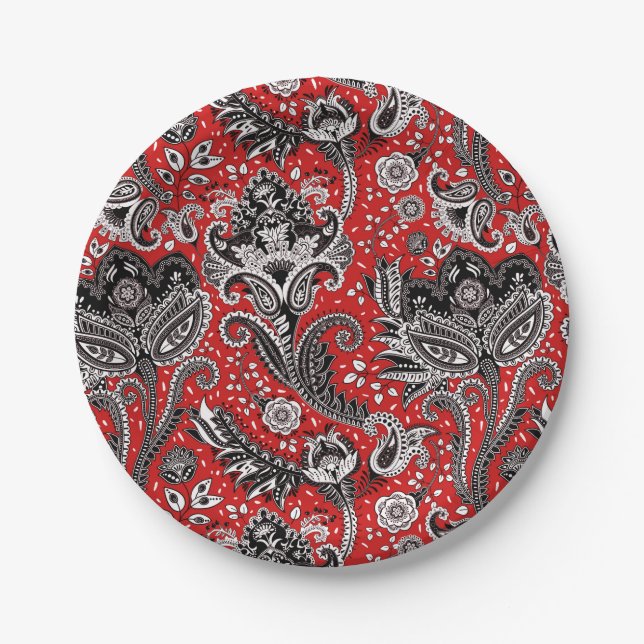Red Black & White Floral Paisley Bohemian Boho Paper Plates (Front)
