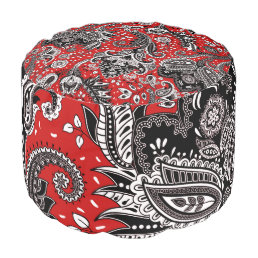 Red Black & White Floral Paisley Bohemian Boho Pouf