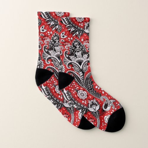 Red Black  White Floral Paisley Bohemian Boho Socks