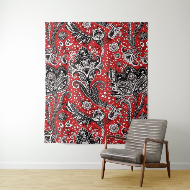 Red Black & White Floral Paisley Bohemian Boho Tapestry (In Situ)
