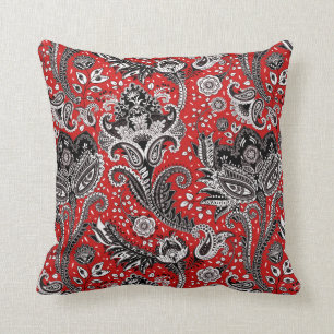 Red Black & White Floral Paisley Bohemian Boho Throw Pillow